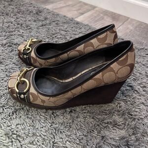 Brown Wedge Coach Heels with Gold Accents
